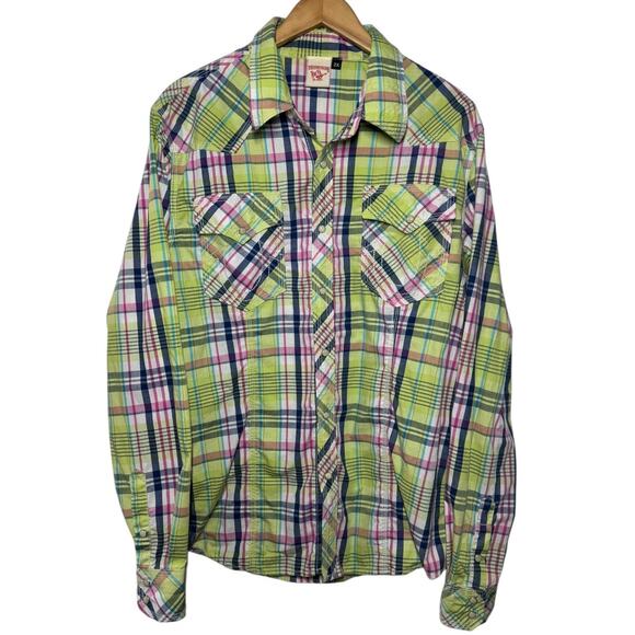 True Religion Other - True Religion Plaid Men 2XL Pearl Snap Green Blue Western Cotton Long Sleeve Y2K